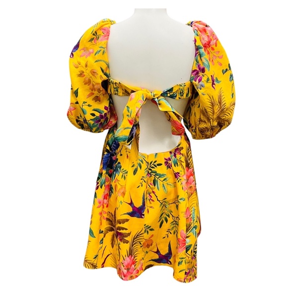 ZIMMERMANN YELLOW MULTI TROPICANA FLORAL PRINTED LINEN CUT OUT MINI DRESS - Picture 3 of 5